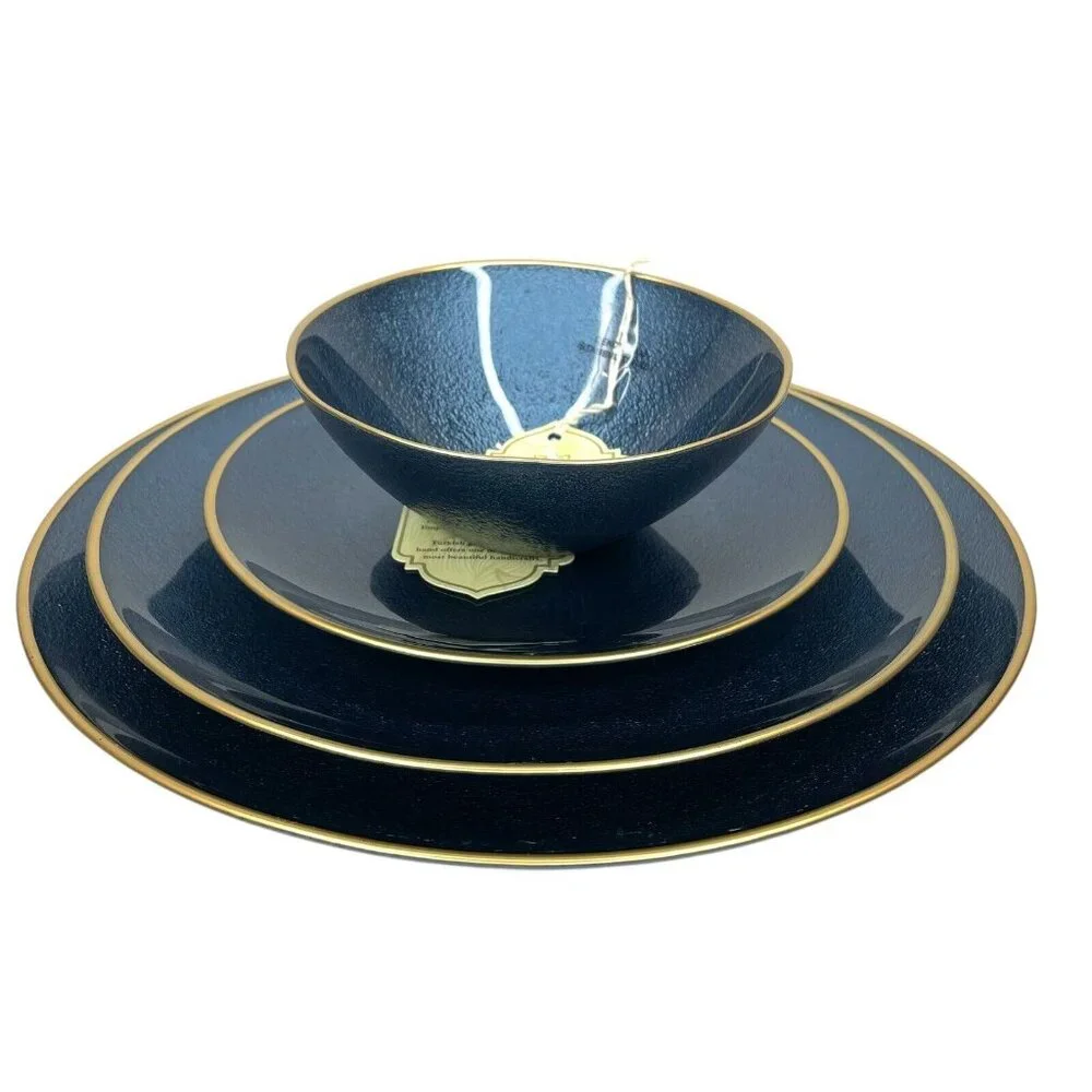 Turkish Glass 4 Entree Dinner Plates Set Blue Textured Gold Rim 11